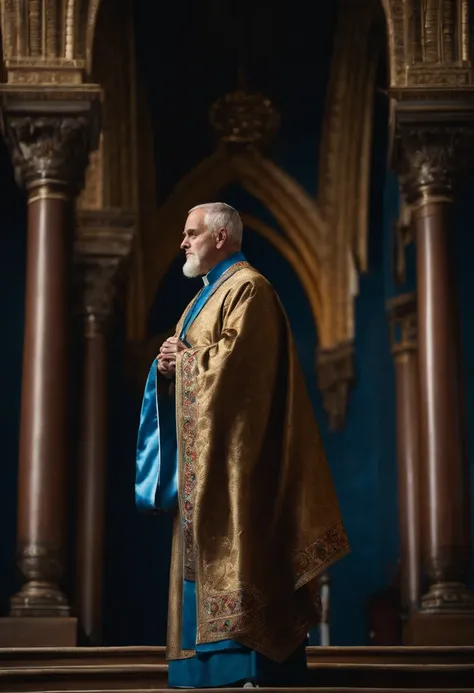 full body photograph priest standing in a tunic and stole at altar with a blue ribbon on his chest