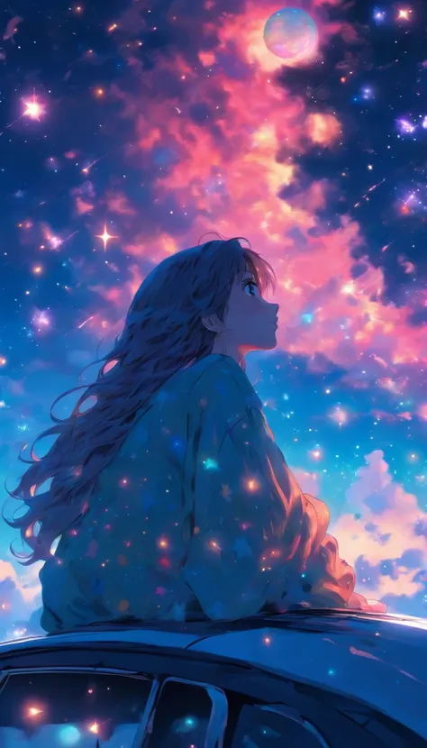 Woman leaning against a car. Long hair. Sad expression. Profile. Fantastic sky. A clear sky. Floating stars and planets. Fantastic. High quality down to the smallest detail. Fantastic landscapes . People far away