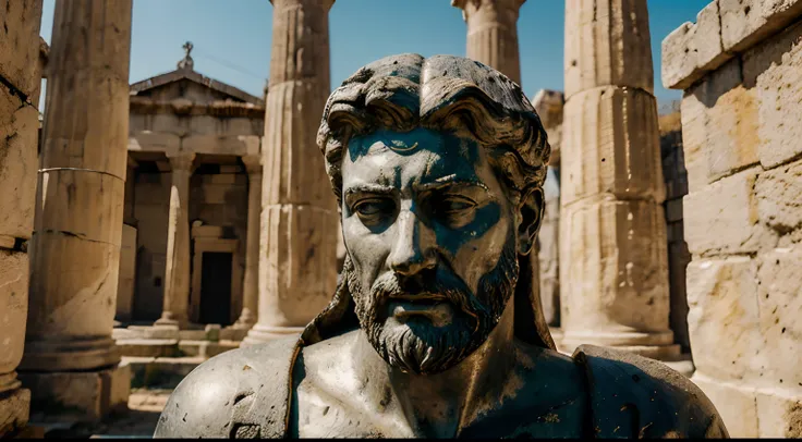 Ancient Stoic Statue With Very Angry Expression, tem barba, muitos detalhes em ambos os olhos, Outside, fundo atenas grego, open sky, com rosto extremamente detalhado full body view, Colors with low saturation with dark tone, Filmado em Sony A7S III com So...