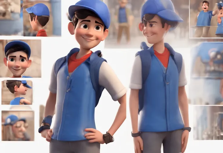 A happy cute boy standing short hair with dark blue cap , vestindo uma camisa azul , , fundo branco, barnet, Tom, Estilo Pixar, ......3d, desenhos animados, rosto detalhado, asymmetrical 16k