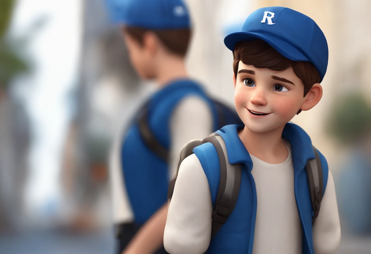 A happy cute boy standing short hair with dark blue cap , vestindo uma camisa azul , , fundo branco, barnet, Tom, Estilo Pixar, ......3d, desenhos animados, rosto detalhado, asymmetrical 16k