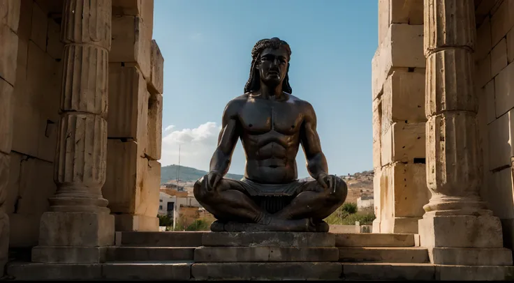 Ancient Stoic Statue With Very Angry Expression, tem barba, muitos detalhes em ambos os olhos, Outside, fundo atenas grego, open sky, com rosto extremamente detalhado full body view, Colors with low saturation with dark tone, Filmado em Sony A7S III com So...