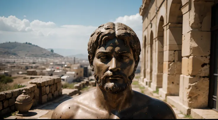 Ancient Stoic Statue With Very Angry Expression, tem barba, muitos detalhes em ambos os olhos, Outside, fundo atenas grego, open sky, com rosto extremamente detalhado full body view, Colors with low saturation with dark tone, Filmado em Sony A7S III com So...