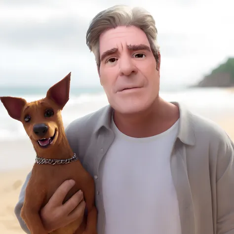 qualidade de imagem do filme，Disney Animation Style,there is a man holding a dog on the beach, Simon Cowell •, with his hyperactive little dog, BoJack Horseman na vida real, Jeffrey Epstein, John Picacio e Brom, patrick nagle, patrick nagle!!, Jeffery Epst...