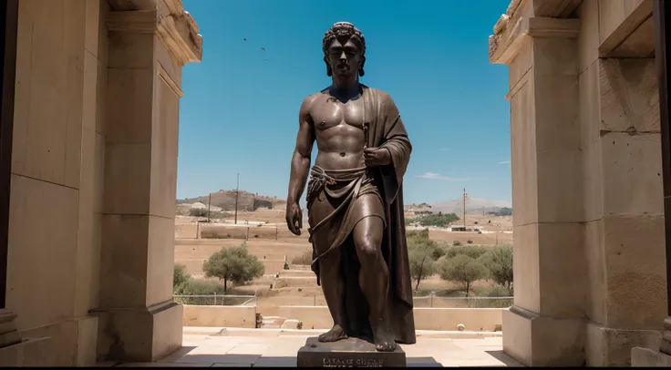 Ancient Stoic Statue With Very Angry Expression, tem barba, muitos detalhes em ambos os olhos, Outside, fundo atenas grego, open sky, com rosto extremamente detalhado full body view, Colors with low saturation with dark tone, Filmado em Sony A7S III com So...