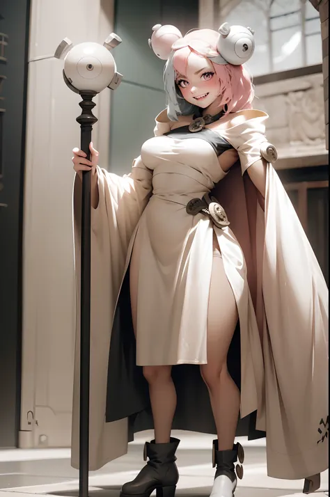 iono,1 girl,pink eyes,solo,smile,open mouth,fangs ,indoors,woman-medieval-clothes, priestess, staff holding, smile, long skirt, large skirt, full body,horns, armor, boots