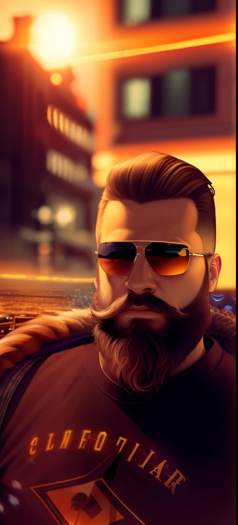 Men in sunglasses and a beautiful beard, hyperdetailed, cinematic, warm lights, complex details, hyperrealistic, dark background, (soft colors:1.38), (neutral colors:1.2 )