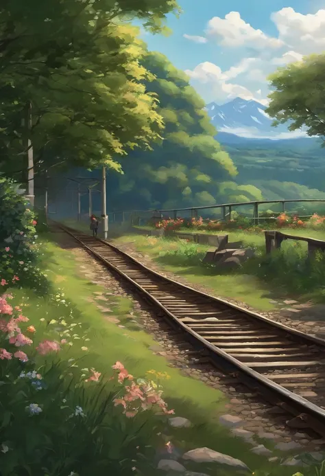 There is a beauty standing on the train tracks, com sinais, arte de paisagem, arte de fundo do anime, Arte de Loepfe, Detailed scenery – width 672, Detailed landscape art, Estilo de arte Loepfe, Bela paisagem de anime, feito com anime painter studio, arte ...