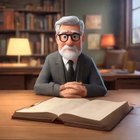 Crie um cartaz inspirado na Disney Pixar com o personagem sendo o pastor Rubens Janier, A gray-haired man wearing glasses, in an office with a Bible on the table, Looking forward and serious