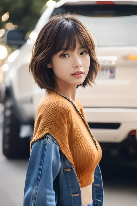 ((top-quality、in 8K、​masterpiece:1.3))、foco nítido:1.2、Beautiful woman perfect body:1.4、Slim abs:1.2、((Very short hair:1.2))、(Dark Orange Knitwear、denim:1.1)、(Sateen、a street:1.2)、wetbody:1.5、Three-dimensional texture、A detailed eye、Brown hair、Very shiny h...