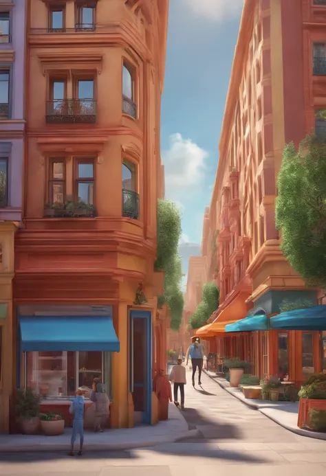 Pixar 3D-style drawing of a slimming clinic in the city center with a character in the foreground