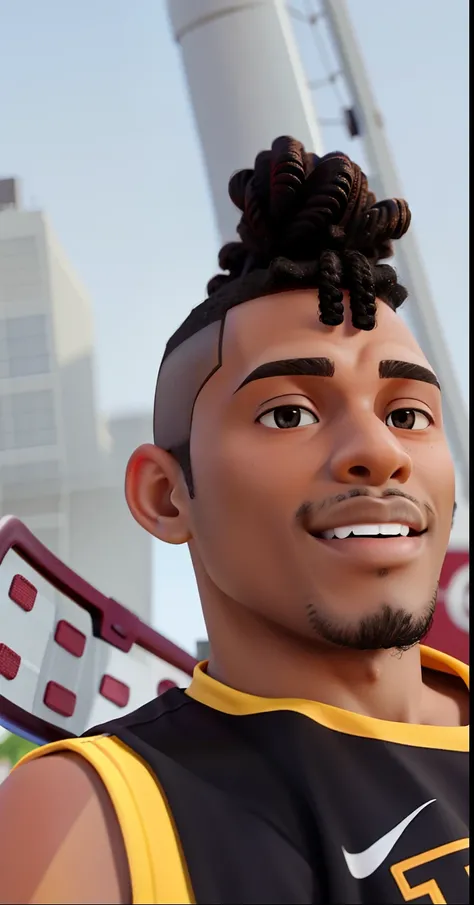 A black man, age 35, mohawk with dreads, basketball shirt, profile photo.