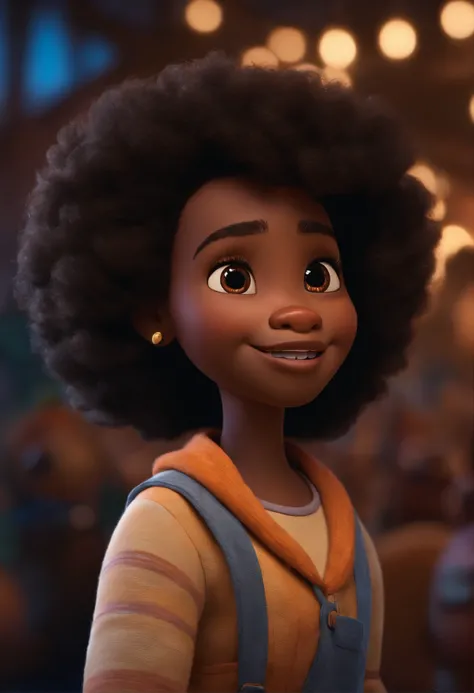 Um filme inspirado na Disney Pixar (MENINA NEGRA JOVEM COM CABELO medio CACHEADO PRETO sorrindo de olhos castanhos) dentro A cena estar na arte distinta do estilo PIXAR, descolada e estilosa