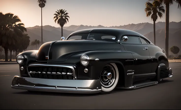 Hiper modificado Black Mercurt 1949 Show Car, enormes rodas BBS, Ridiculously low posture parked near palm trees in sunny California