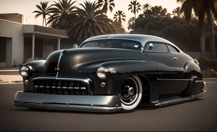 Hiper modificado Black Mercurt 1949 Show Car, enormes rodas BBS, Ridiculously low posture parked near palm trees in sunny California