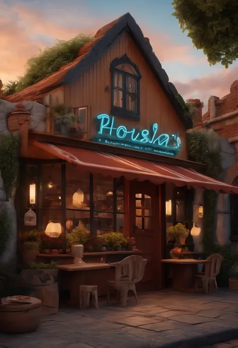 Desenho em estilo 3D da Pixar de uma barbearia com o predio preto de tijolos e de vidro com as letras brancas e visiveis escrito "CONFRA HOUSE" Clearly visible outdoor area