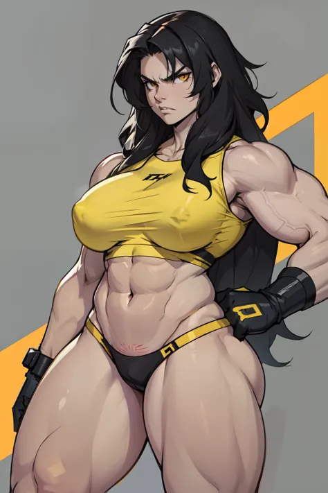 (1girl) pale skin huge breasts ((muscular)) toned body thick thighs black hair yellow eyes (long hair grey background) bodybuilder angry