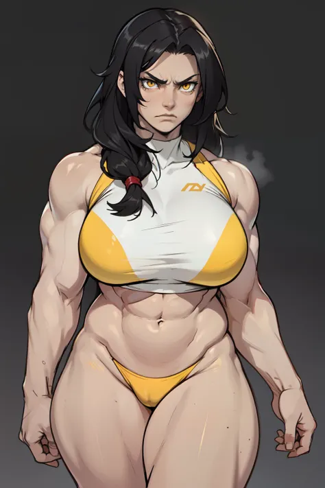 (1girl) pale skin huge breasts ((muscular)) toned body thick thighs black hair yellow eyes (long hair grey background) bodybuilder angry