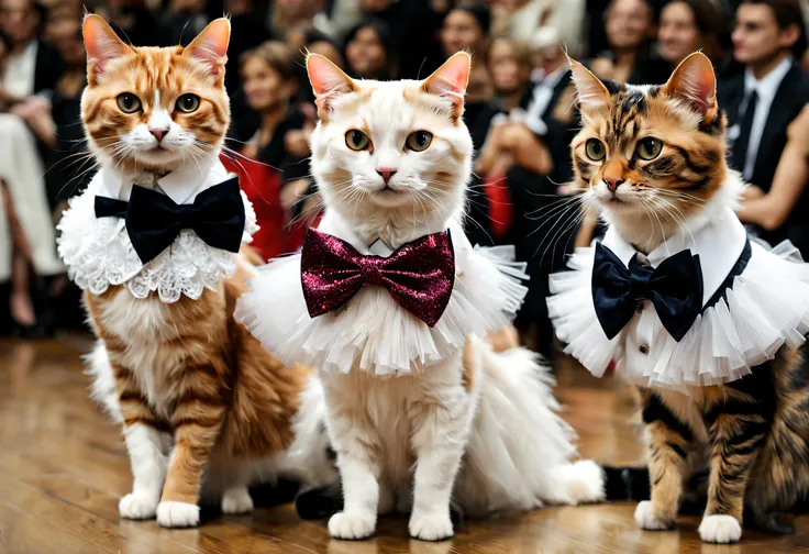 a cat fashion show (best quality, 4k, 8k, high resolution, masterpiece: 1.2), ultra detailed (realistic, photorealistic, photore...