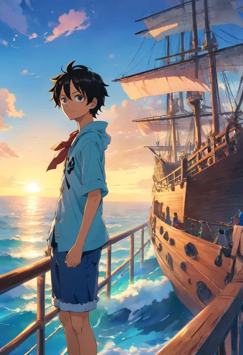 one piece, Nos, seios pequenos, Comer, na empresa pirate ship, Behind him is the ocean, e o sol brilhava intensamente, sorriso