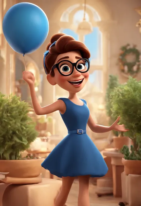 "(best quality,ultra-detalhado,Realistic:1.37),3D rendering,illustration,design de personagens,cabelos curtos,lisos e escuros,belos olhos detalhados,Wearing brown glasses,Estilo Pixar,morena mulher,dancing on the Disney stage with shopping bags in her hand...