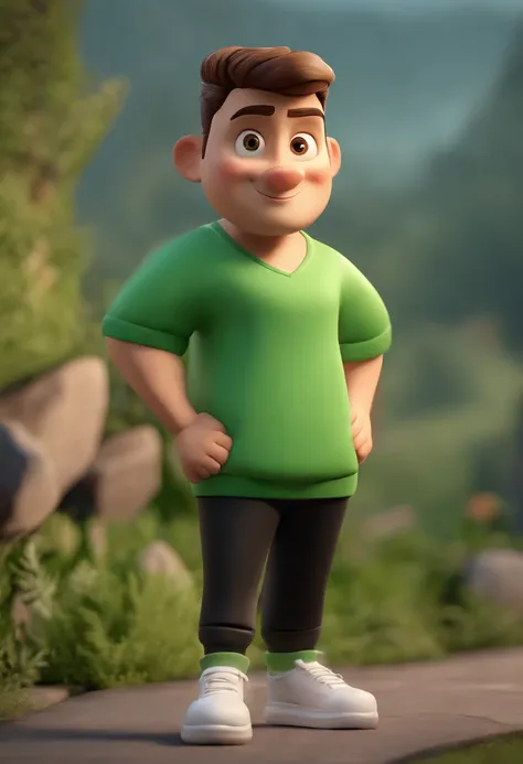 Cartoon character of a man with short brown hair and gradient on the sides, brown-eyed, Dressed in a green sweatshirt and black pants and white sneakers , animation character, stylized character, Rendering animation styles, 3D estilizado, Arnold Maya rende...