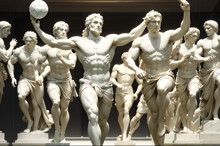 Animated marble statues of Greek gods playing football, with a globe instead of a ball, marble Greek gods running on a football field, white marble gods, Greek gods made of marble, Ancient Greek men with white skin made of marble, best quality, Highest res...