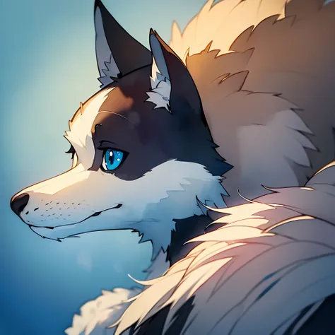 ((Best quality, 8K, Masterpiece: 1.4)),((Amazing detail: 1.3)),((Watercolor illustration: 1.2)),((high resolution: 1.1)),Thick painting style，(Critters)，1 dog，Blue solid background，in style of ghibli，head portrait，Anime avatar，Huskies，Grim expression，sharp...