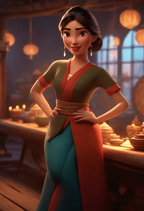 Pixar style image with 3D character oriental brunette woman long straight hair, wearing a bun, taking photos in a studio, Disney makeup, Fisherman, cute, smiling, Close-up, Pixar, Disney, Cinema lighting,