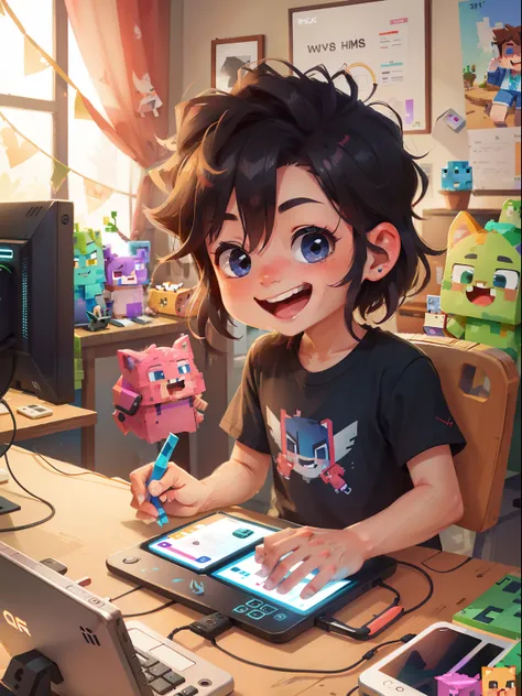 garoto gamer sorrindo, perfect hands, cabelo preto, idade 6 anos, teclado rgb, computador gamer, fone de ouvido, foto de perfil,  jogando minecraft, live stream