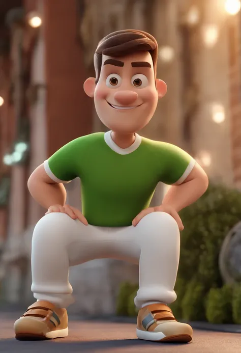 Cartoon character of a man with short brown hair and gradient on the sides, ojos marrones, Vestido con una sudadera verde, pantalon negro y zapatillas blancas , animation character, stylized character, Rendering animation styles, 3D estilizado, Arnold Maya...