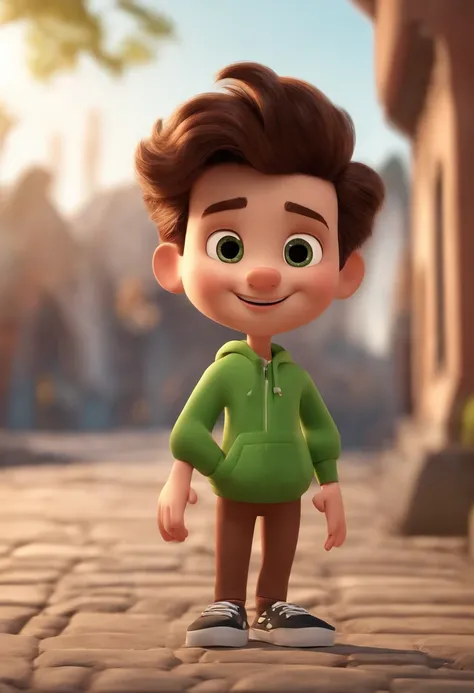 Cartoon character of a man with short brown hair and gradient on the sides, ojos marrones, Vestido con una sudadera verde, pantalon negro y zapatillas blancas , animation character, stylized character, Rendering animation styles, 3D estilizado, Arnold Maya...