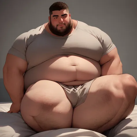 araffe man sitting on a bed with a large belly, thicc, giant and fat, exaggeratedly large physique, strong fat bacchanalian body, absurdly massive physique, big belly, beefy, hyper real render, robust stocky body, big stomach, beefcake pose, hyperrealistic...