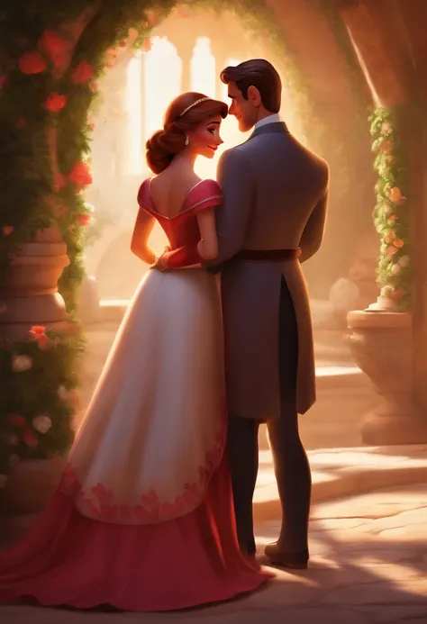 Casal (homem moreno e mulher branca) no estilo Disney Pixar, alta qualidade, melhor qualidade.