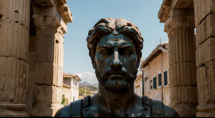 Ancient Stoic Statue With Very Angry Expression, tem barba, muitos detalhes em ambos os olhos, Outside, fundo atenas grego, open sky, com rosto extremamente detalhado full body view, Colors with low saturation with dark tone, Filmado em Sony A7S III com So...