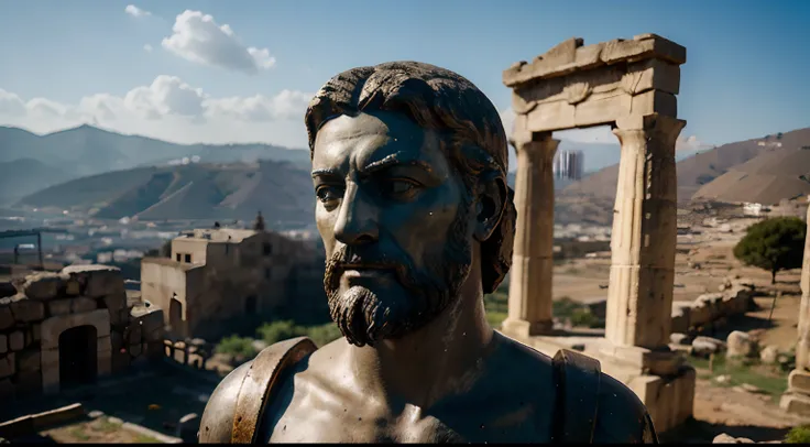 Ancient Stoic Statue With Very Angry Expression, tem barba, muitos detalhes em ambos os olhos, Outside, fundo atenas grego, open sky, com rosto extremamente detalhado full body view, Colors with low saturation with dark tone, Filmado em Sony A7S III com So...