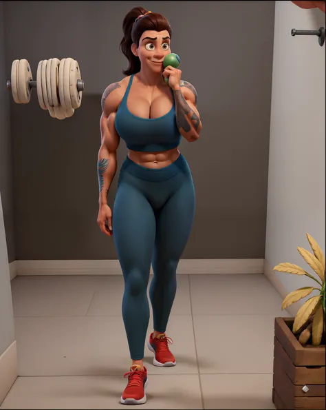 cena de um personagem estilo Disney Pixar, com grandes detalhes e texturas de qualidade. Atleta brasileira de crossfit feminino, Bodybuilder, 40 anos, em roupas esportivas , cabelos pretos longos, atletics, sendo a base a imagem em anexo.