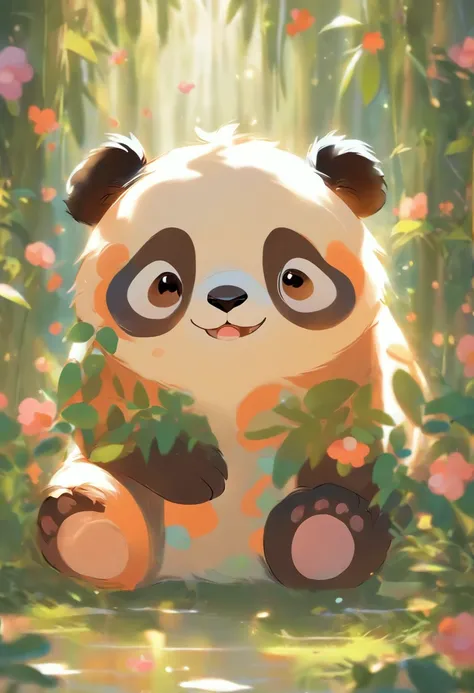 A cute panda,has big eyes，blusher，Sloth，greet，detail-rich, white backgrounid