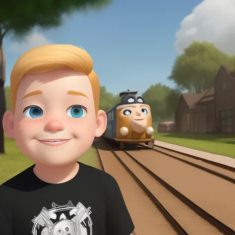 A chubby pixar boy with blond hair and freckles and a skooter