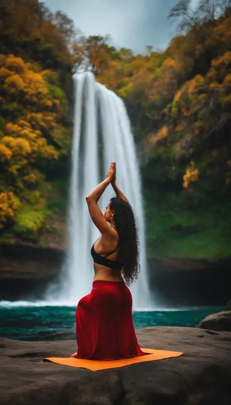 Mulher de cabelo cacheado longo fazendo pose de yoga em pe de frente a uma cachoeira grande e arvores ao redor