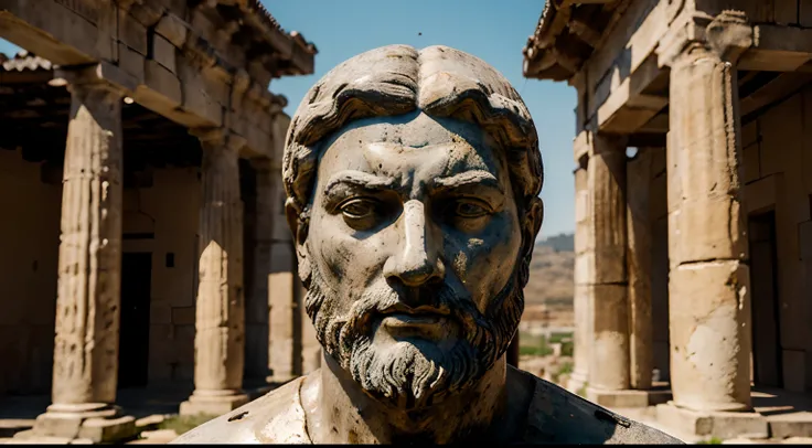 Ancient Stoic Statue With Very Angry Expression, tem barba, muitos detalhes em ambos os olhos, Outside, fundo atenas grego, open sky, com rosto extremamente detalhado full body view, Colors with low saturation with dark tone, Filmado em Sony A7S III com So...