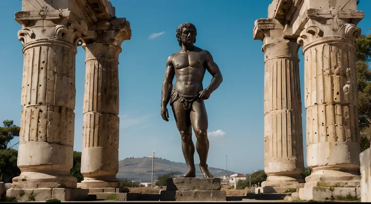 Ancient Stoic Statue With Very Angry Expression, tem barba, muitos detalhes em ambos os olhos, Outside, fundo atenas grego, open sky, com rosto extremamente detalhado full body view, Colors with low saturation with dark tone, Filmado em Sony A7S III com So...