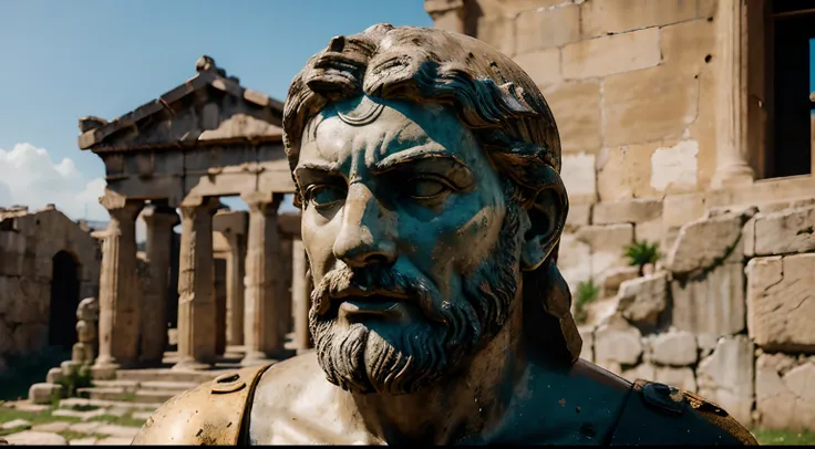 Ancient Stoic Statue With Very Angry Expression, tem barba, muitos detalhes em ambos os olhos, Outside, fundo atenas grego, open sky, com rosto extremamente detalhado full body view, Colors with low saturation with dark tone, Filmado em Sony A7S III com So...