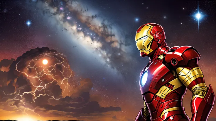 Vivid image depicting the sighting of a fascinating celestial event involving multiple objects and entities in the astral plane, set against a starry night sky, iron man --auto --s2