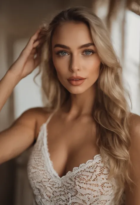 Oman with matching tank top and panties, fille sexy aux yeux bleus, Portrait Sophie Mudd, Portrait de Corinna Kopf, cheveux blonds et grands yeux, selfie of a young woman, ohne Maquillage, maquillage naturel, Look directly into the camera, Visage avec Artg...