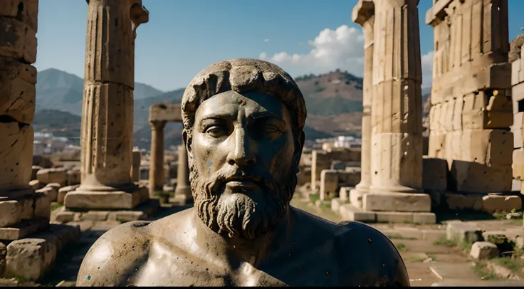 Ancient Stoic Statue With Very Angry Expression, tem barba, muitos detalhes em ambos os olhos, Outside, fundo atenas grego, open sky, com rosto extremamente detalhado full body view, Colors with low saturation with dark tone, Filmado em Sony A7S III com So...