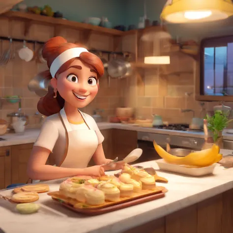 Crie uma cena de desenho animado  estilo 3d -Pixar, Onde uma mulher, de cabelos lisos ruivos com 27 anos de idade, Shes cooking dressed as a pastry chef.