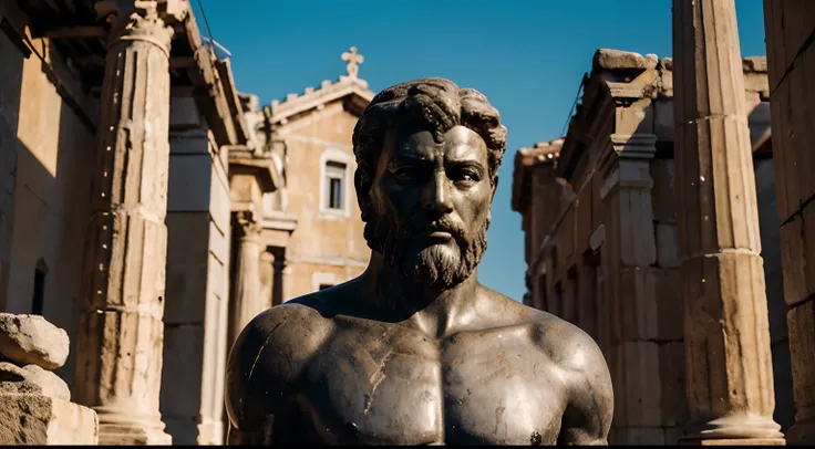 Ancient Stoic Statue With Very Angry Expression, tem barba, muitos detalhes em ambos os olhos, Outside, fundo atenas grego, open sky, com rosto extremamente detalhado full body view, Colors with low saturation with dark tone, Filmado em Sony A7S III com So...