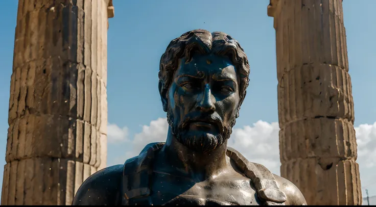 Ancient Stoic Statue With Very Angry Expression, tem barba, muitos detalhes em ambos os olhos, Outside, fundo atenas grego, open sky, com rosto extremamente detalhado full body view, Colors with low saturation with dark tone, Filmado em Sony A7S III com So...