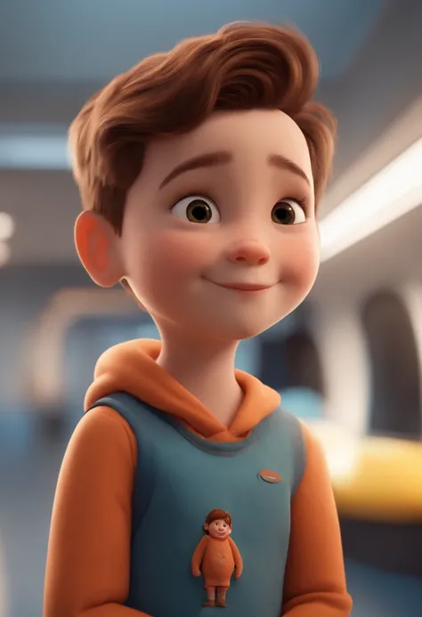 a happy cute kid standing short hair, vestindo uma fantasia espacial, , fundo branco, barnet, Tom, Estilo Pixar, ....3d, desenhos animados, rosto detalhado, asymmetrical 16k